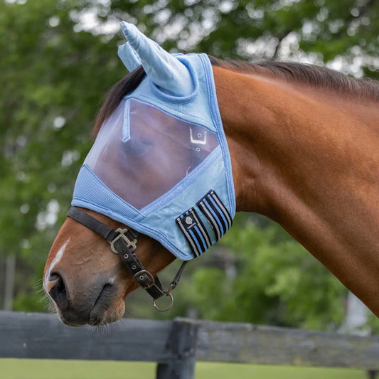 Horse wearing a light blue fly mask with ears