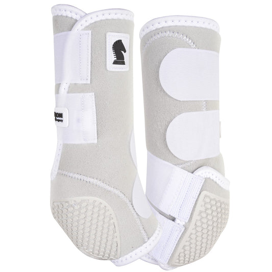 White equine support boots for hind legs