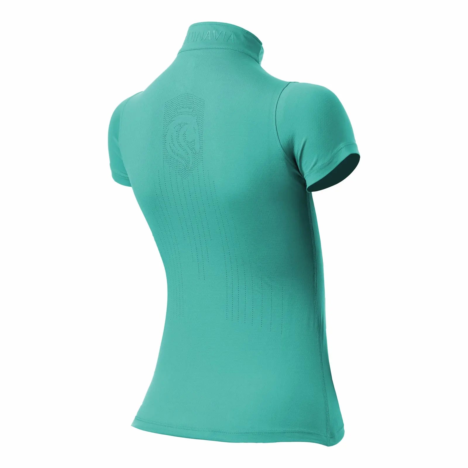 Back view of a teal short sleeve riding shirt on a white background