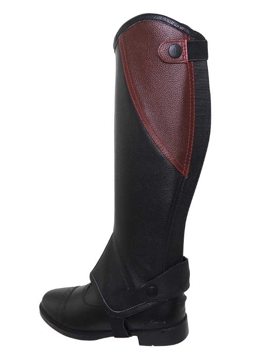 left view of two toned leather equestrian half chap on a paddock boot on white background