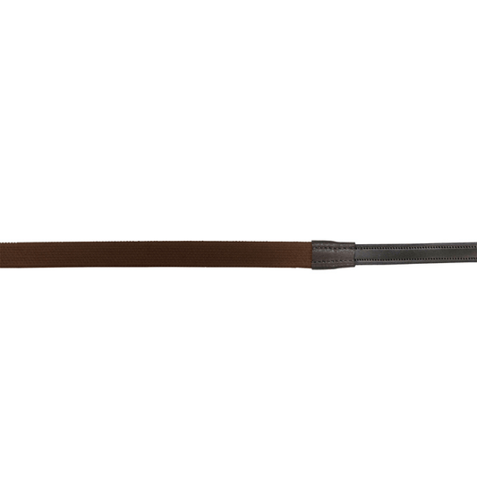 front view of brown rubber and leather reins on a white background