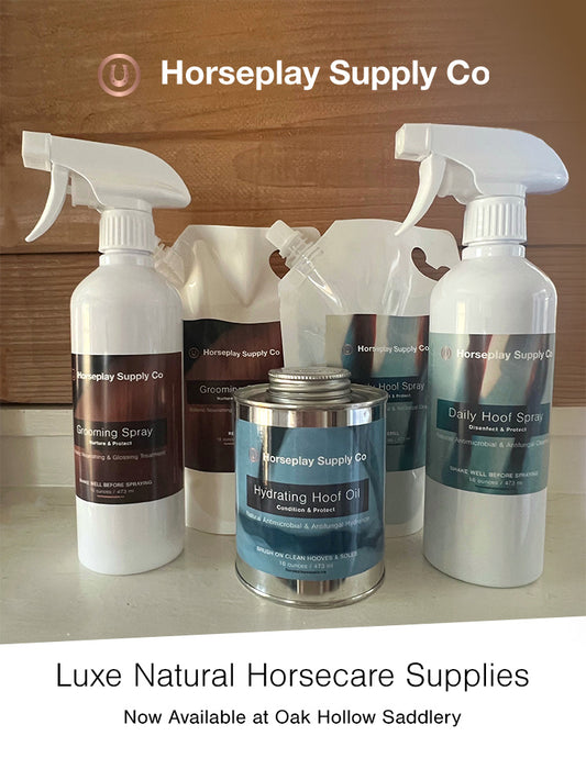 A group of Luxe Natural Horsecare Supplies including hoof spray, hoof oil and grooming spray