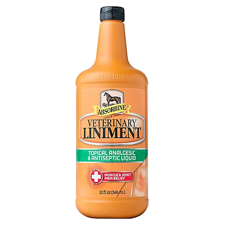 orange bottle with liniment liquid inside, 32 oz, on white background