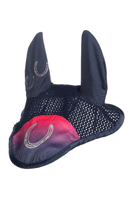 dark blue equestrian horse fly bonnet with mesh dark blue material and a front center piece with pink, purple, blue ombre pattern with sliver horse shoe design on the front center and two on the right elastic ear piece, on white background