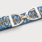 gold stirrups equestrian belt, royal blue, white and yellow patterns