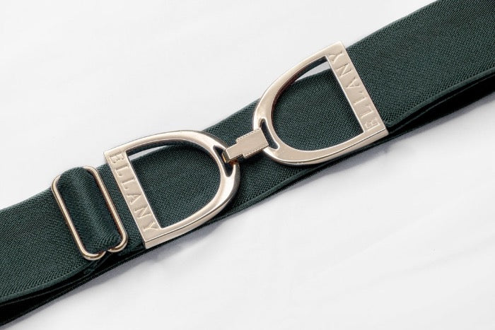 Hunter green equestrian belt with a gold