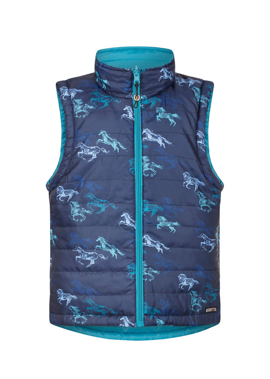 front view of light and dark blue kids riding vest