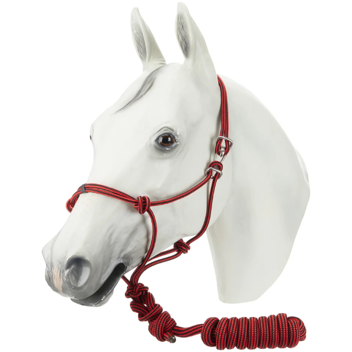 Red nylon horse rope halter with attached lead rope