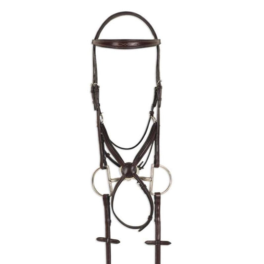 front view of anatomical figure 8 horse bridle shown with dee bit and reins 