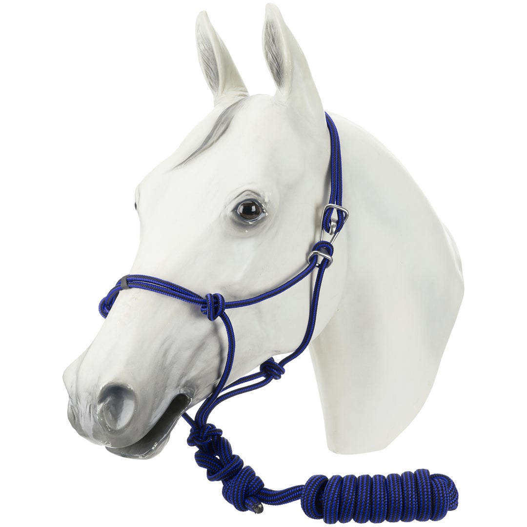 front view of horse model wearing royal blue rope horse halter