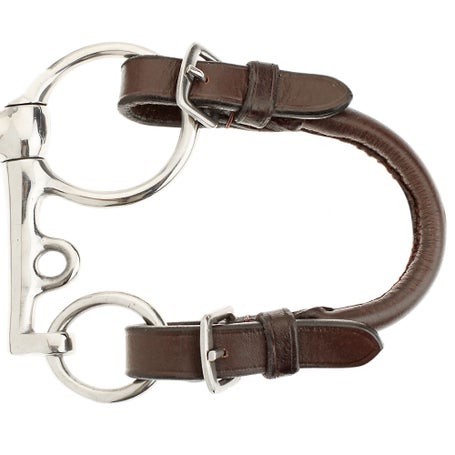 leather strap with two stainless steal buckles on metal bit on site background.