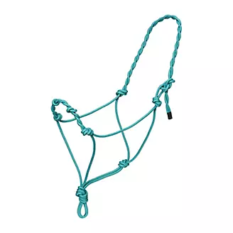 left view of turquoise rope halter against white background
