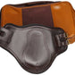 front view of equestrian leather back open boot with two buckles 