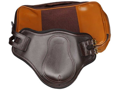 front view of equestrian leather back open boot with two buckles 