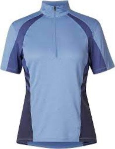 front of a blue short sleeve three tone equestrian riding shirt 