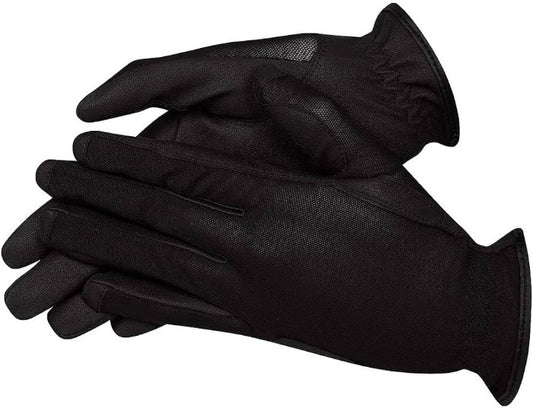 front view of black equestrian riding gloves on white background
