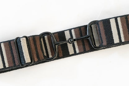 black bit equestrian belt with brown, tan, and black stripes