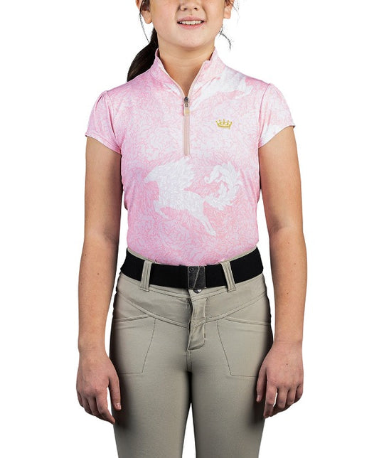 front view of pink equestrian kids riding shirt with white horse pattern with black belt and tan pants shirt tucked into pants