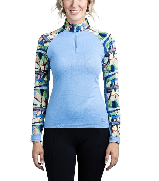 front view of blue equestrian riding long sleeve shirt