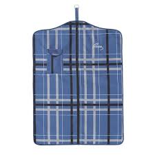 navy and black plaid garment bag on white background