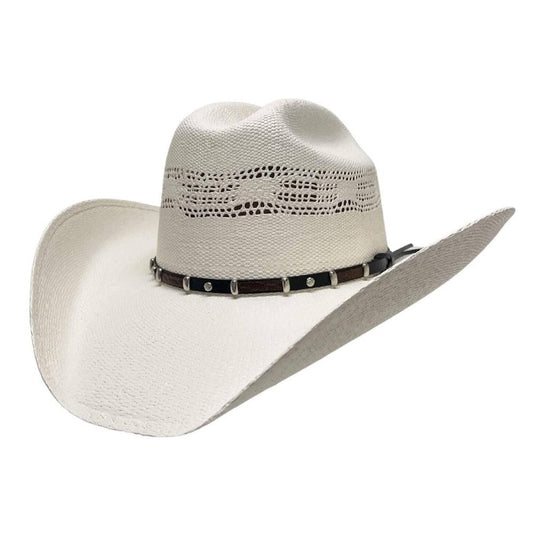 front view of western straw cowboy hat with two tones removable leather hatband with silver beads on a white background