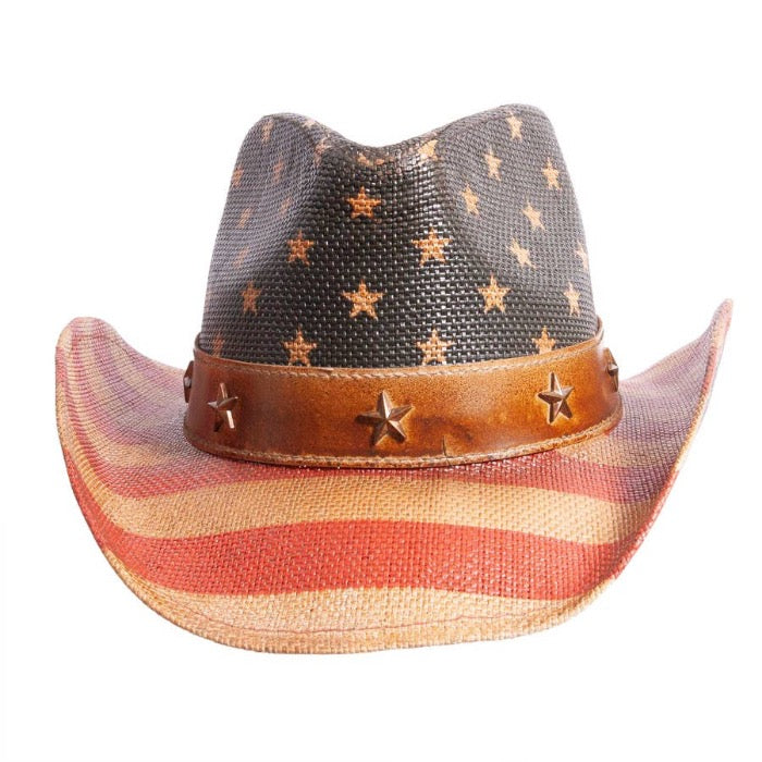 front view of equestrian American flag cowboy hat with leather strap with three bronze stars