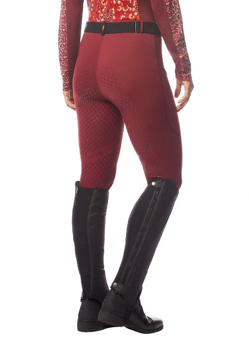 red equestrian riding tights on model