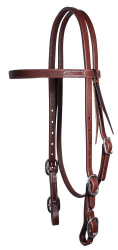 left side of a brown leather western horse bridle with brow band