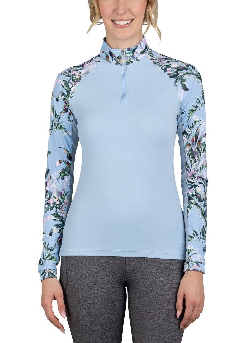 front view of blue long sleeve equestrian riding shirt