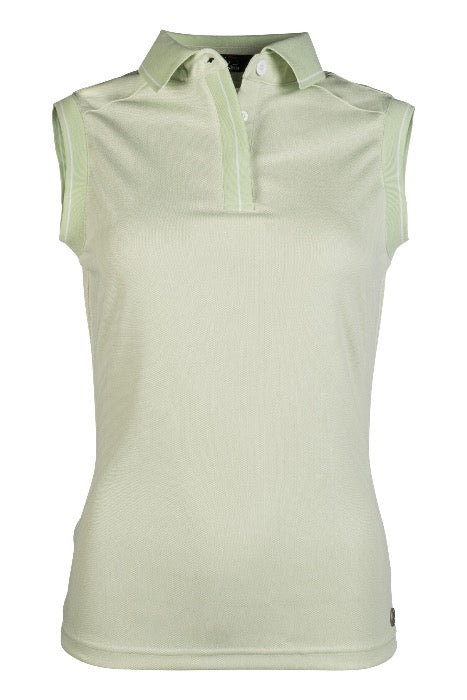front view of green equestrian sleeveless polo shirt with two white buttons and a small collar on white background