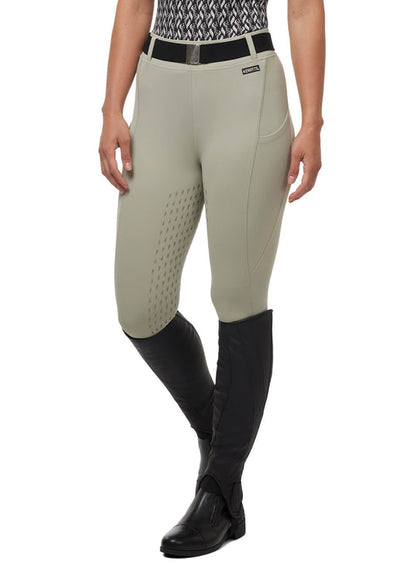 tan equestrian riding tights on model 