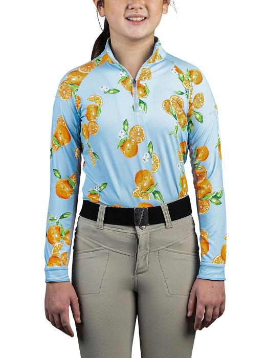 front view of long sleeve kids equestrian blue shirt with oranges with black belt and tan pants with the shirt tucked in