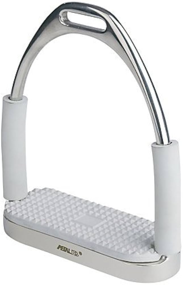 left front view of equestrian stirrup on white background