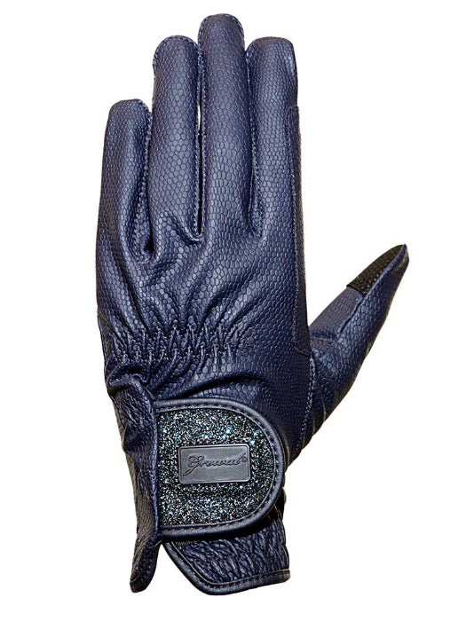 front view of black horse riding glove on white background