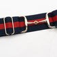 Blue and red equestrian belt with gold buckle