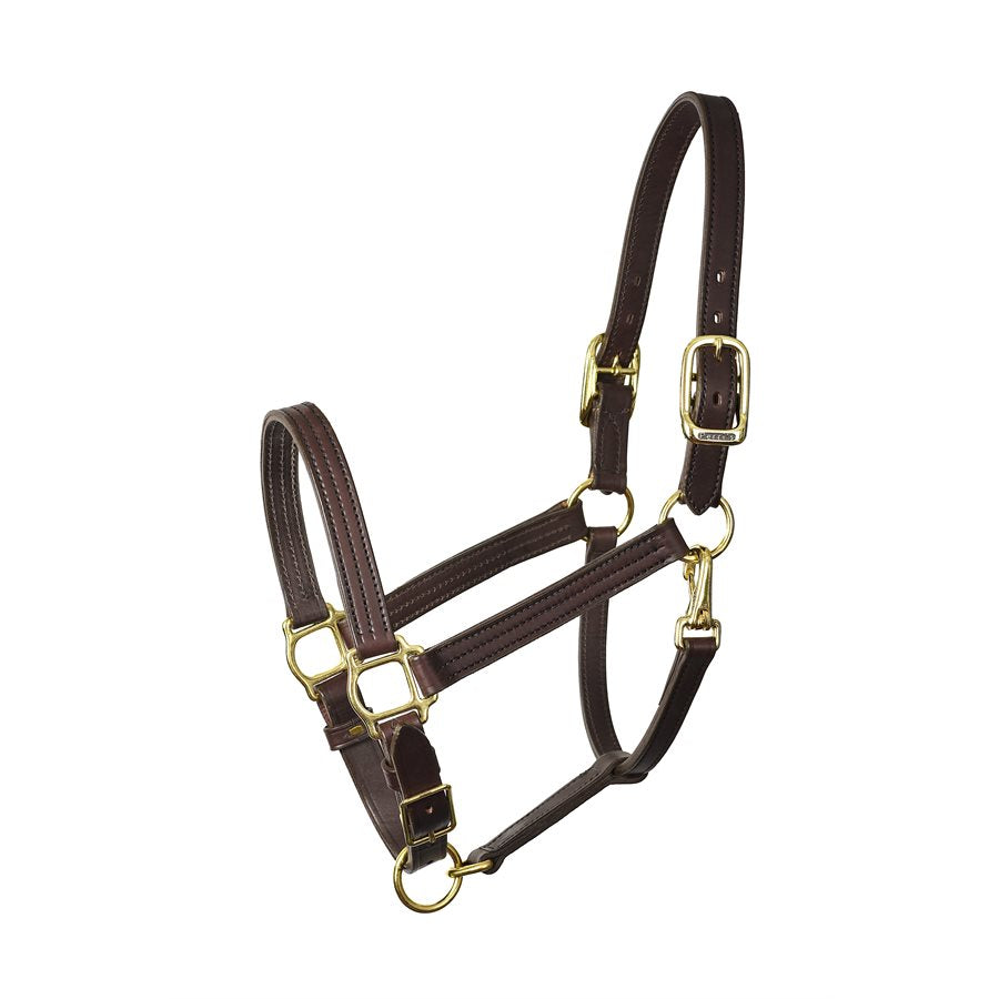 left view of brown leather halter on white background