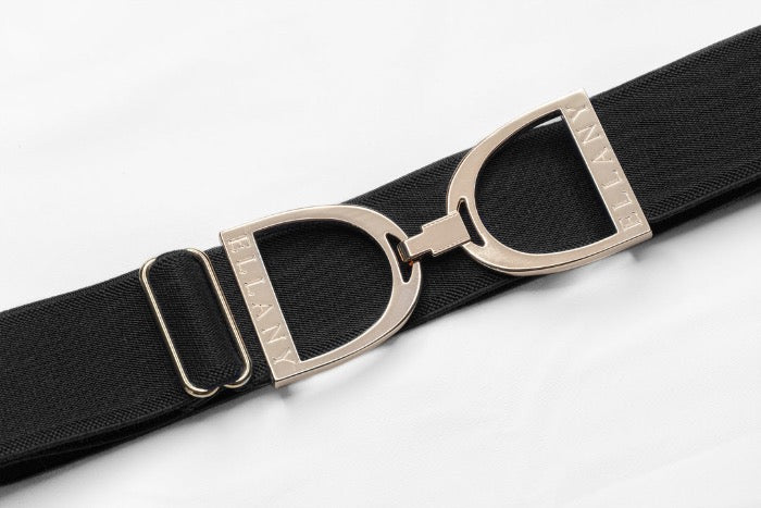 Black equestrian belt with gold buckle
