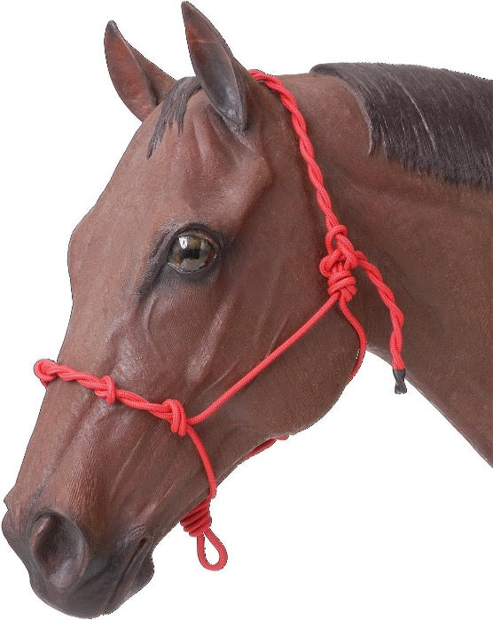 left view of red rope halter on horse model 