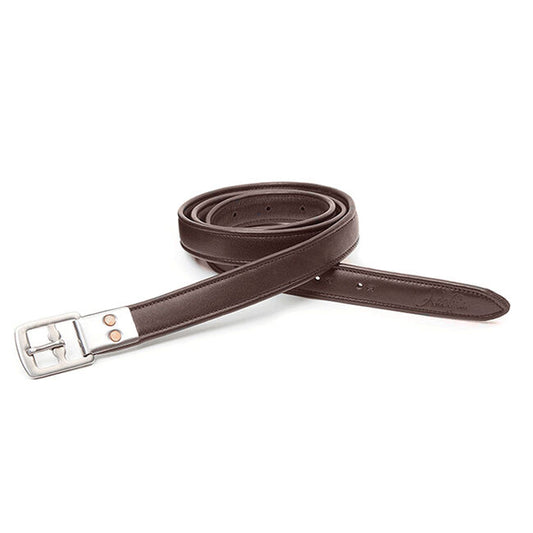 Brown equestrian stirrup leather curled in a ball with tail end sticking out to the right and top sticking out to the left with silver metal clasp on white background