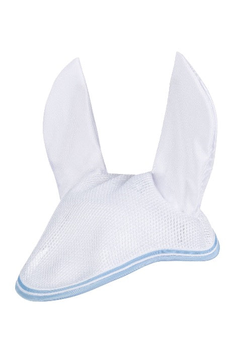 white equestrian mesh horse fly bonnet with elastic ears and blue piping around the boarder with a white background