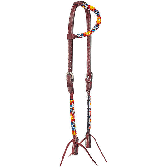 side view of a one ear leather western bridle with colored beads