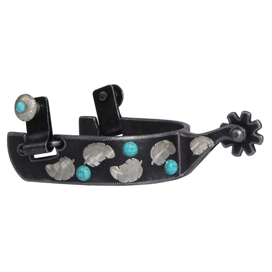 right view of western ladies spur.  Pewter/grey color with turquoise beads and silver leaves for accent