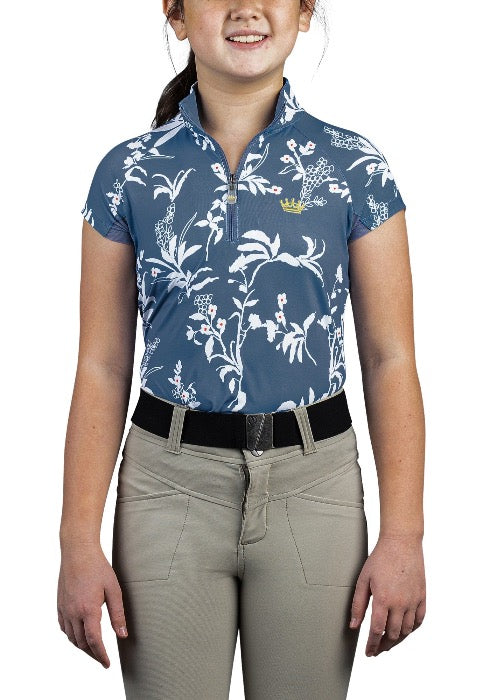 front view of kids equestrian short sleeve blue and white riding shirt with black belt and tan pants with shirt tucked into pants