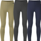 front view of three, beige, charcoal, navy kids riding pants