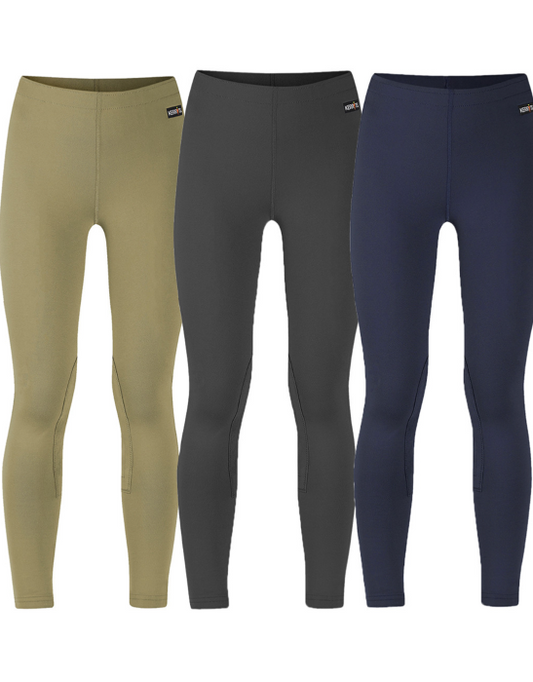 front view of three, beige, charcoal, navy kids riding pants