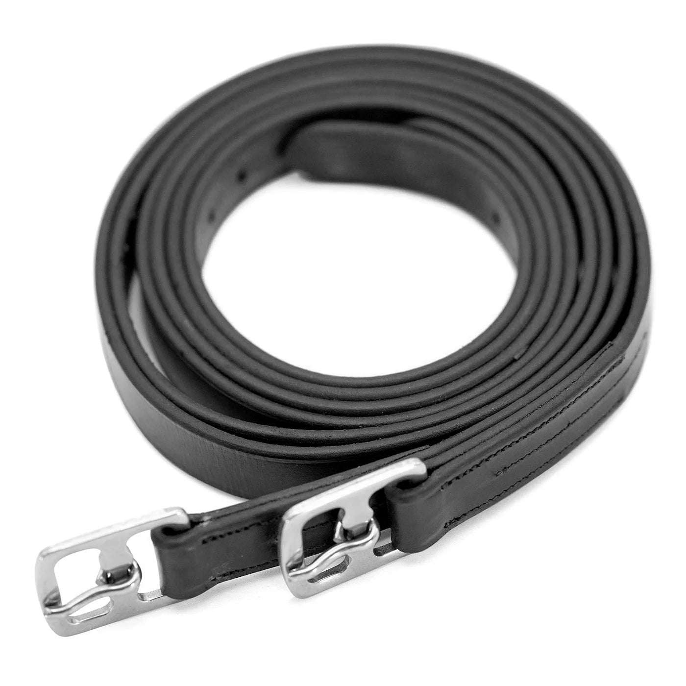 Dark leather stirrup leathers with silver buckles on a white background