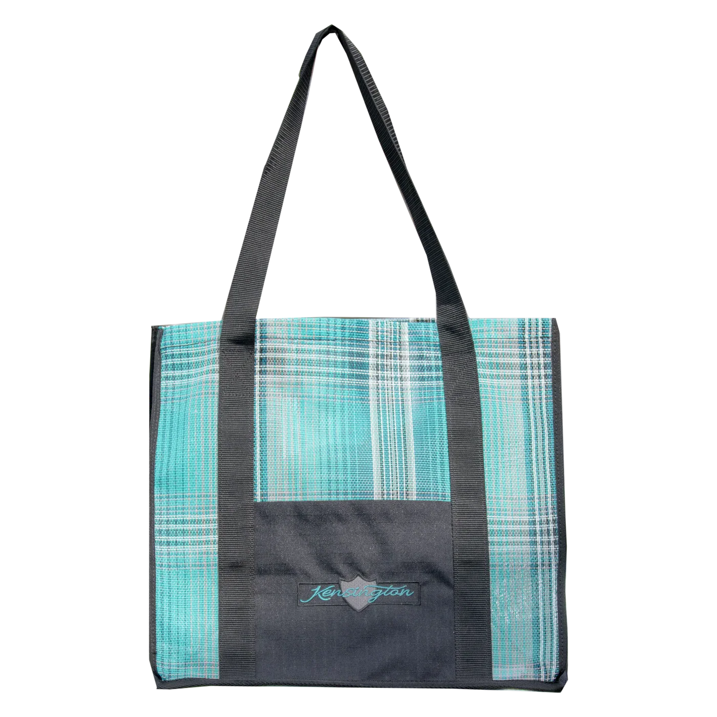 Tote bag with plaid pattern and black straps on a white background