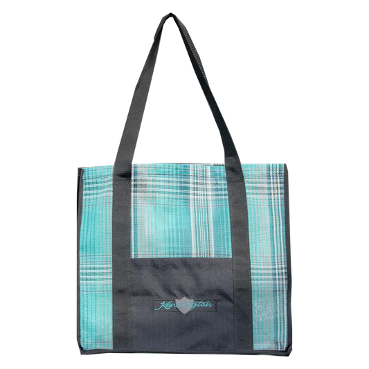 Tote bag with plaid pattern and black straps on a white background