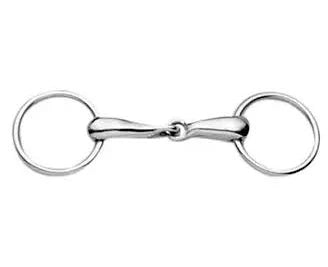 Silver snaffle bit on a white background