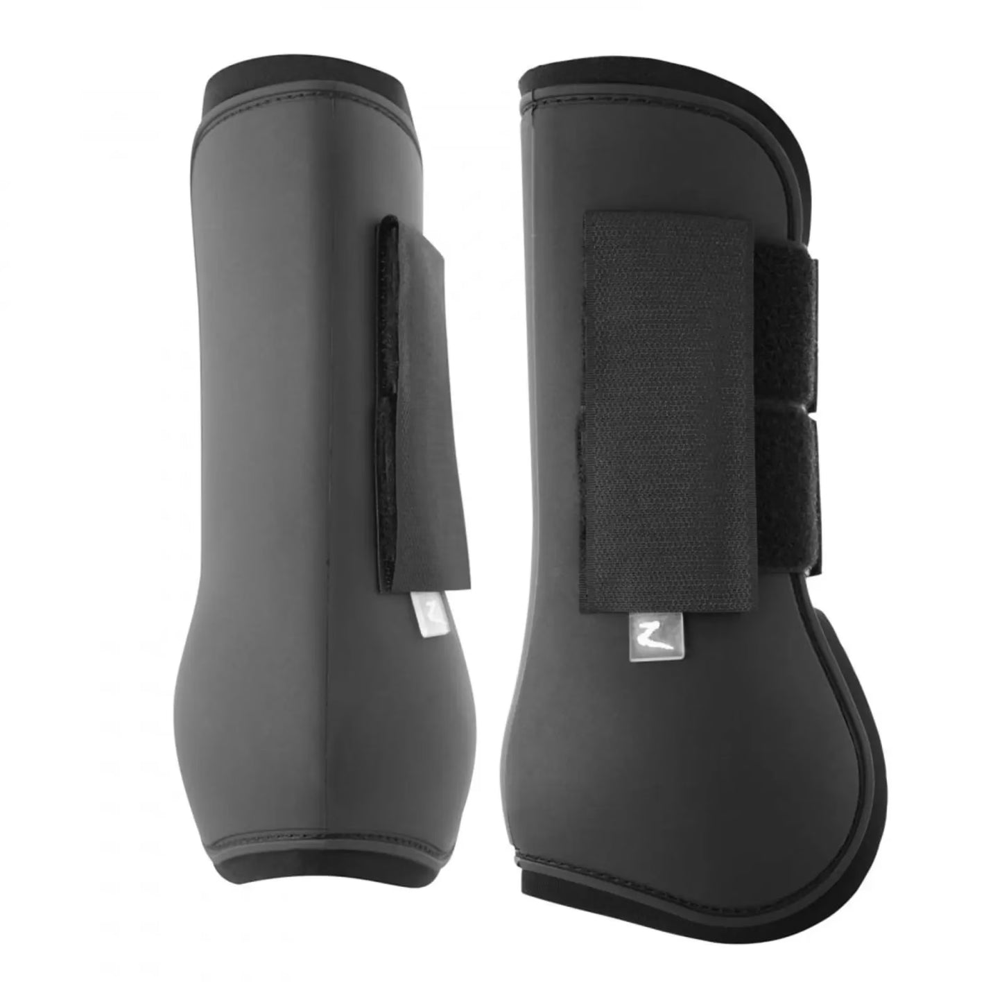Pair of black protective horse boots on a white background